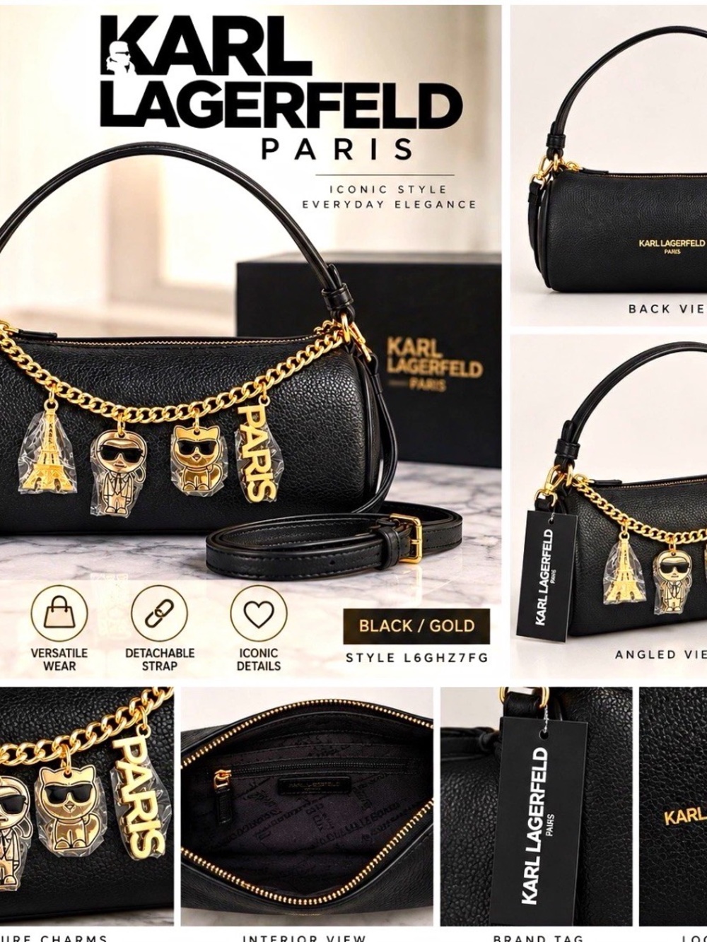 Karl Lagerfeld Black Leather-Look Crossbody with Gold Charm Chain